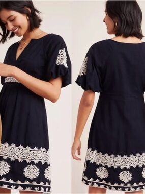 Anthropologie Navy Dress with White Floral Embroidery